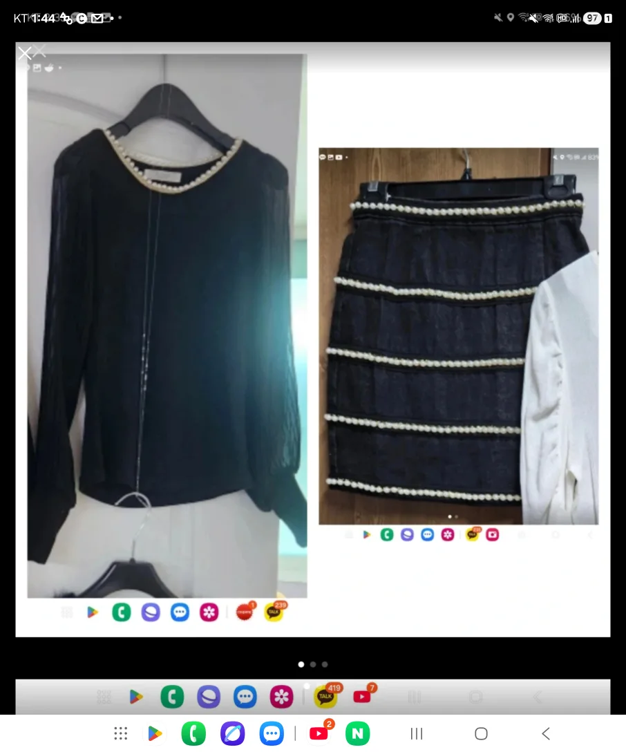 일괄판매 (치마 44반 새상품 + 진주 니트 팔시폰 티 중고 55)