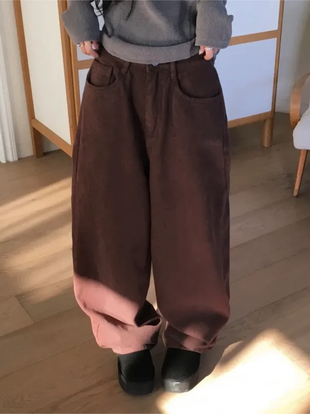 양기모 와이드 코튼 팬츠 브라운 S