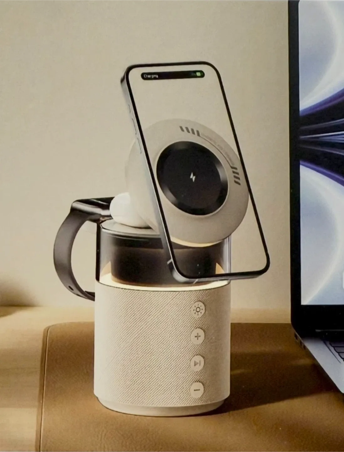 올인원 무선충전 스피커+LED무드등/새상품/맥세이프 아이폰+에어팟+애플워치 무선충전/탱글우드