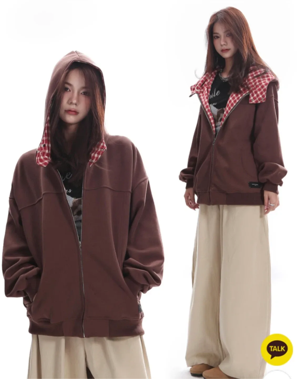 체크 후드 집업 브라운(새제품)