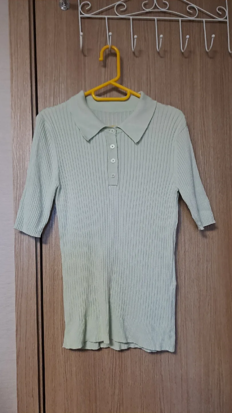 민트색 골지 반팔 카라티 55