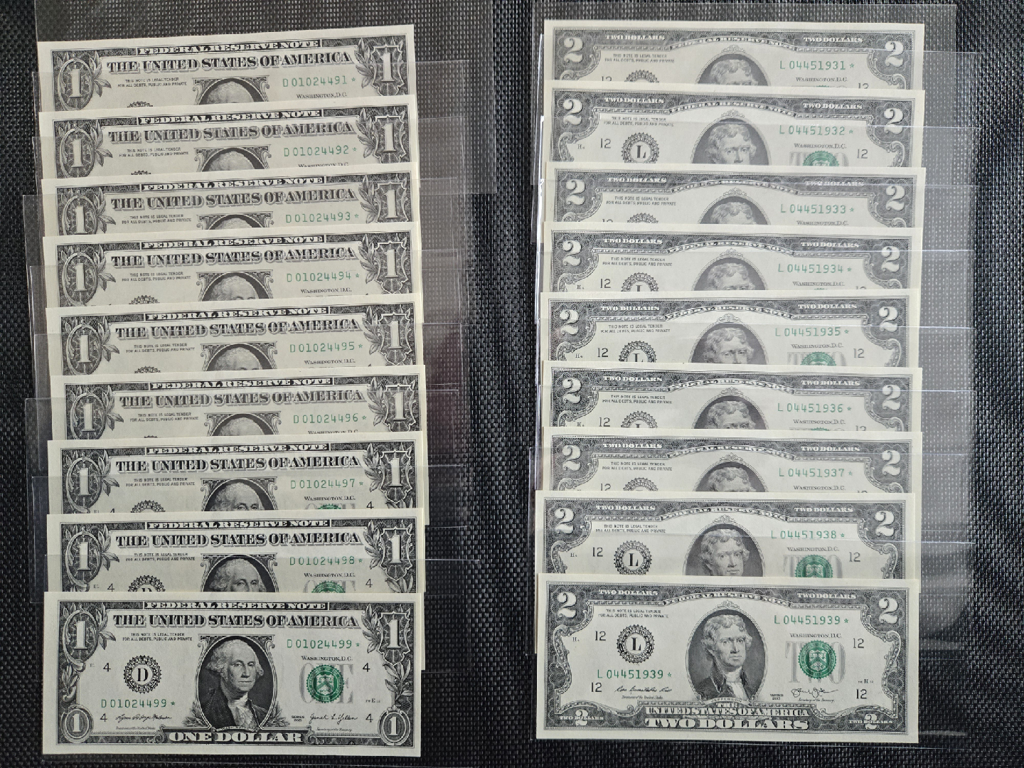 1달러 스타노트 9장 연번 & 2달러 스타노트 9장 연번 지폐
