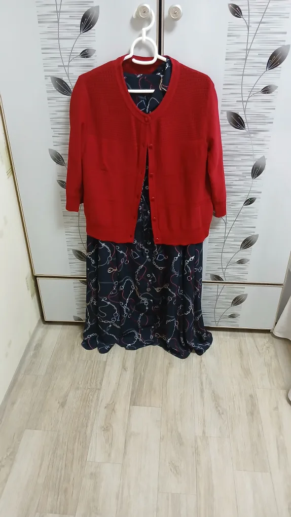 체인 패턴 원피스 + 가디건 세트