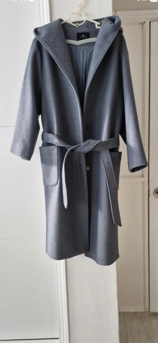 YESSE 후드 벨트 코트 블루 그레이