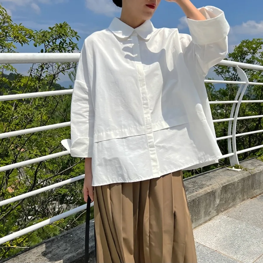 (중고)이데알레 둥근카라 블라우스 셔츠 화이트 FREE