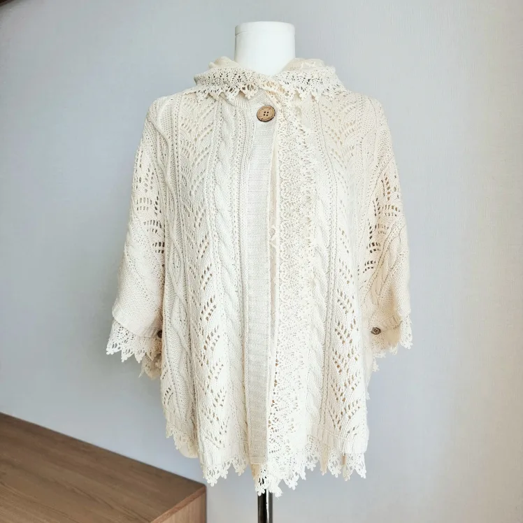 어스뮤직 리버시블 케이프 아이보리 (일본브랜드/희귀) 레이스니트 가디건 망토 -상태훌륭