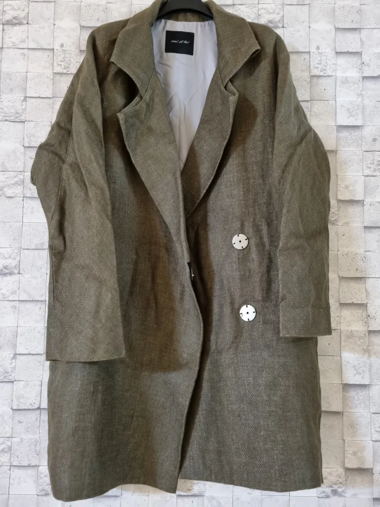 유니크한 린넨100 카키 롱자켓코트