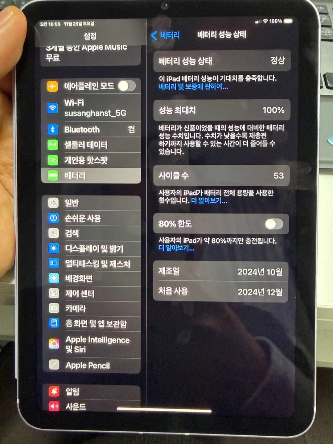 아이패드 미니 셀룰러 베터리 100%
