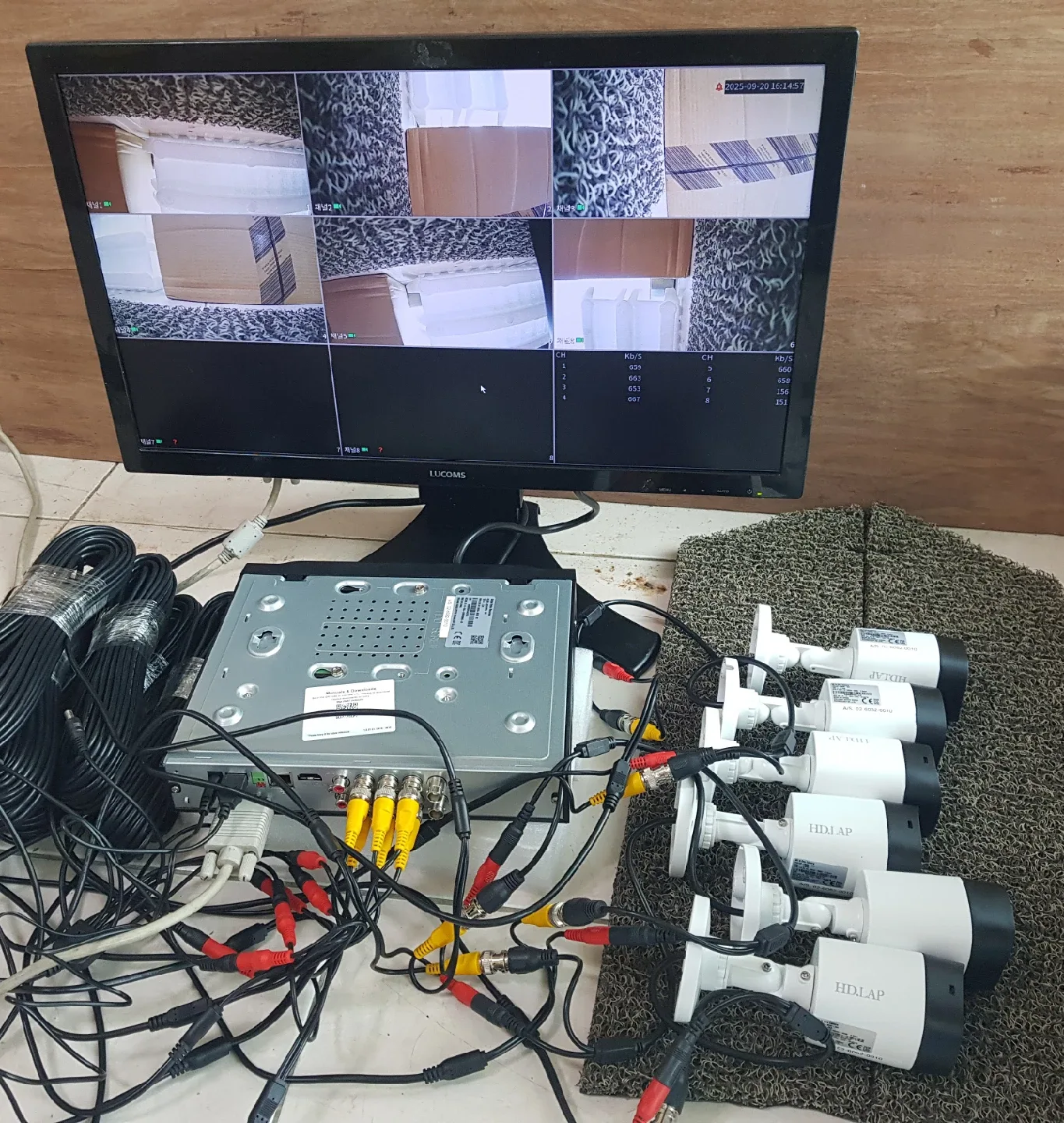 농막ㆍ현장 감시용 CCTV 카메라 6대 8채널2테라 녹화기 20m케이블 6중고 모니터 세트