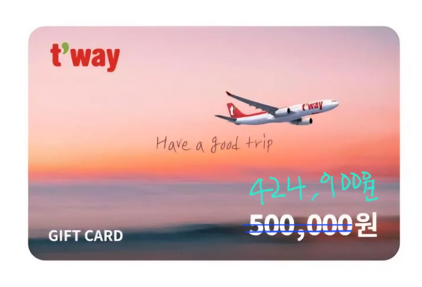 티웨이항공 모바일 기프트카드 ( 잔액:424 ,900원 )  1장당 39만원에 팝니다.(재고:2장)