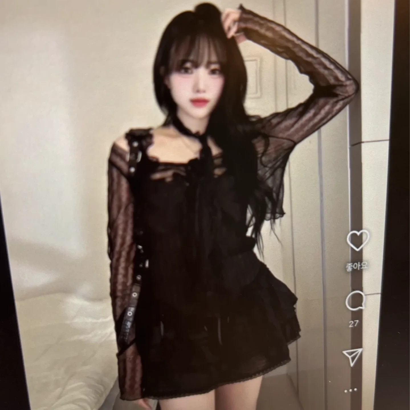 🖤 올블랙 코디 🖤 에이블리 미니원피스 + 시스루 워머 볼레로 + 레이스 스카프