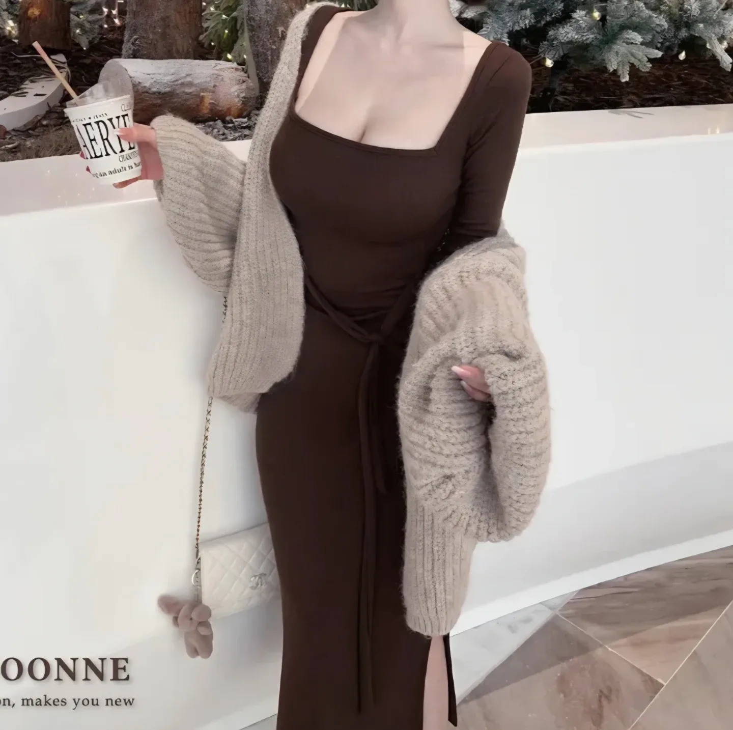 자체제작 순느 스퀘어넥 롱 원피스 카카오브라운