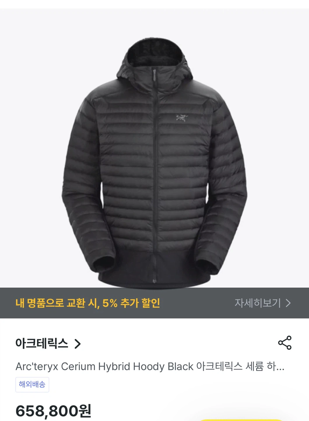 아크테릭스 세륨 하이브리드 후디 블랙 XL (정가 66)