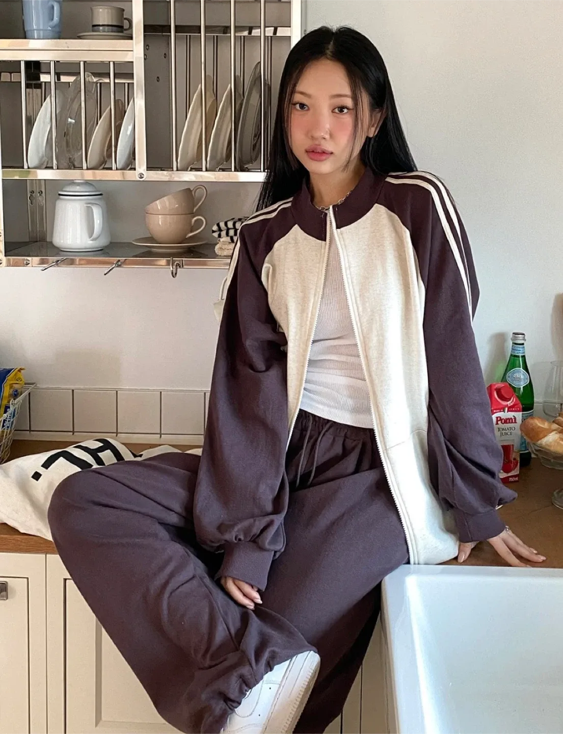 (새상품) 메나로 트랙 투웨이 박시 후드 집업 팬츠 세트