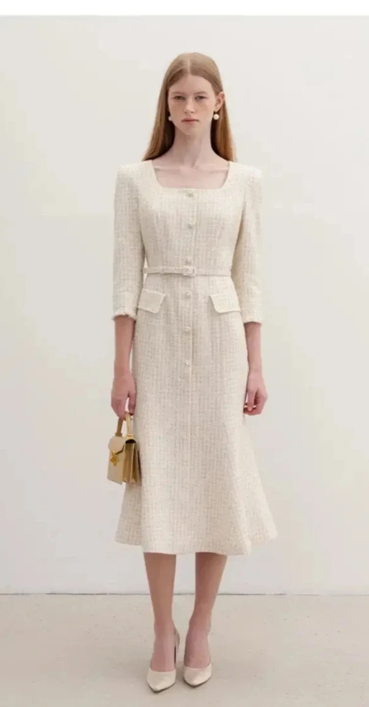 브라이드앤유 크림 트위드 머메이드 원피스