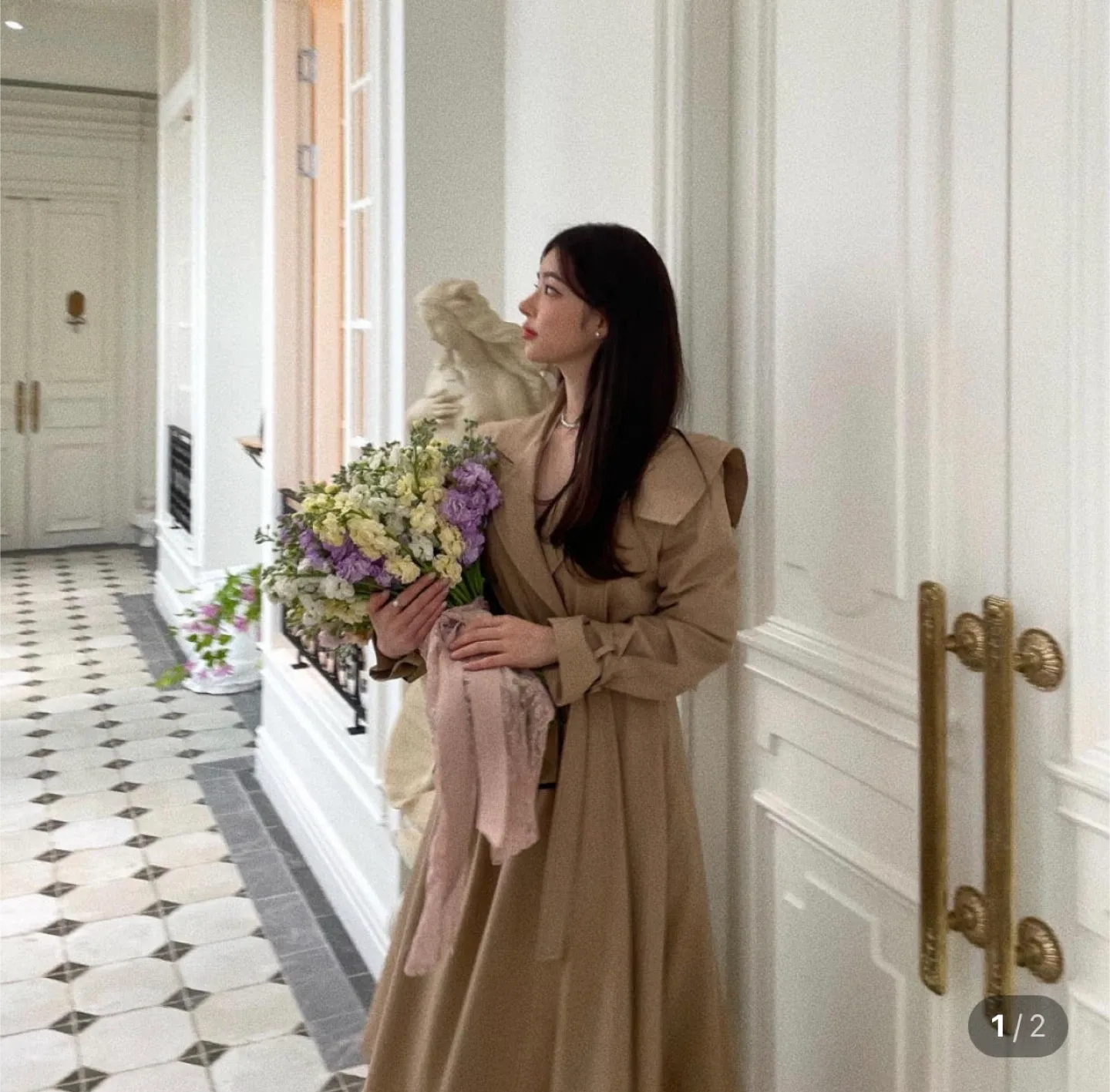 엔뉴엘 시그니처 맥시 트렌치코트 베이지