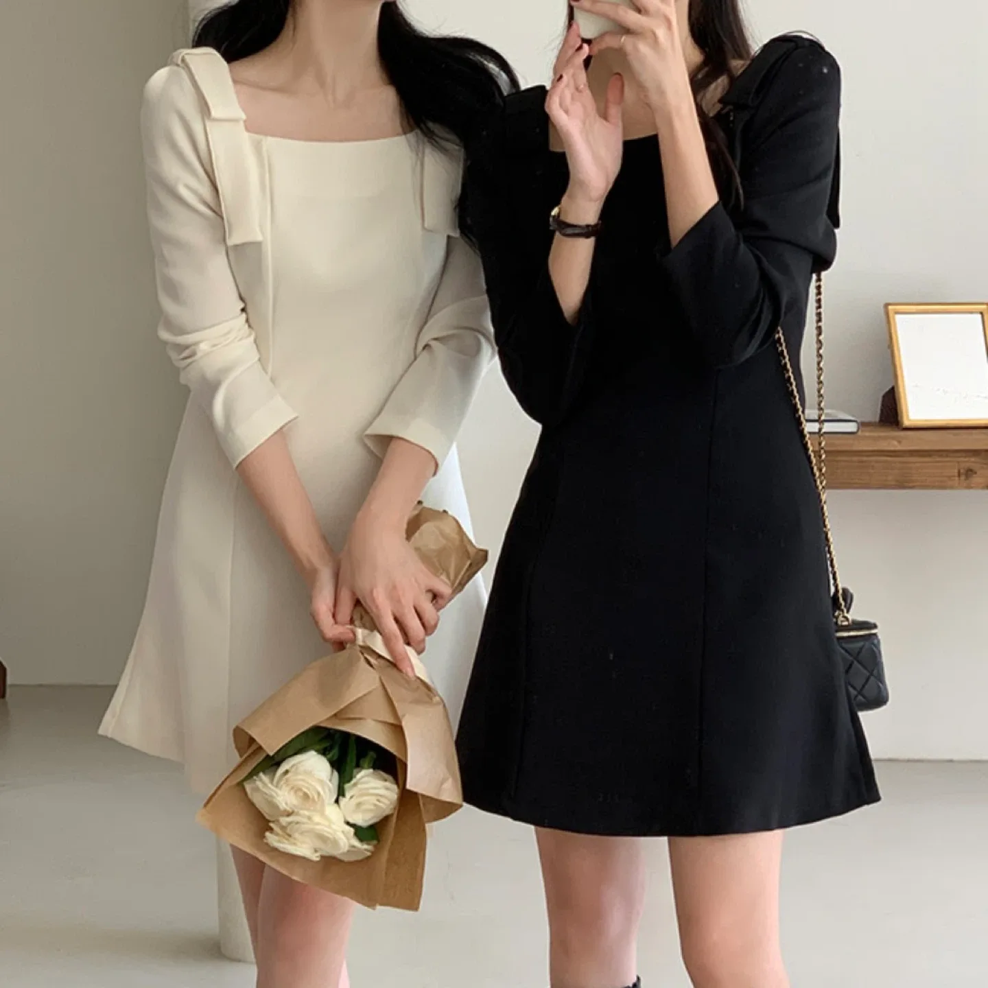 스퀘어넥 리본 미니 원피스 아이보리 M