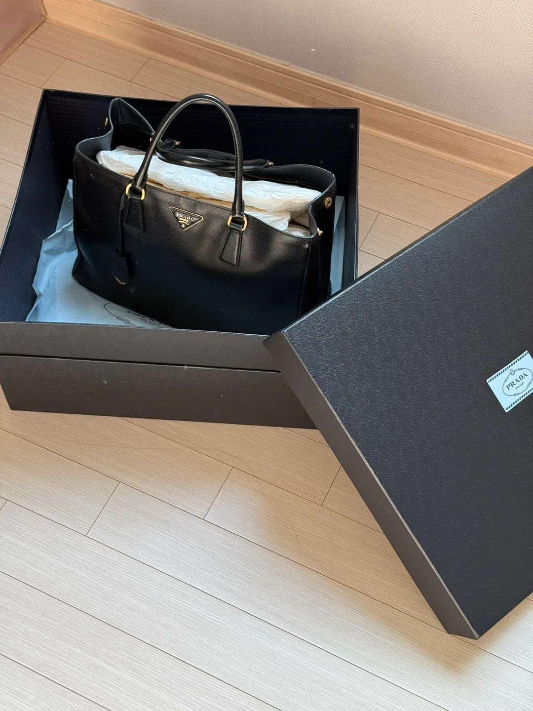 PRADA 프라다 사피아노 럭스 BN1844 토트백 미디움 블랙 풀박스