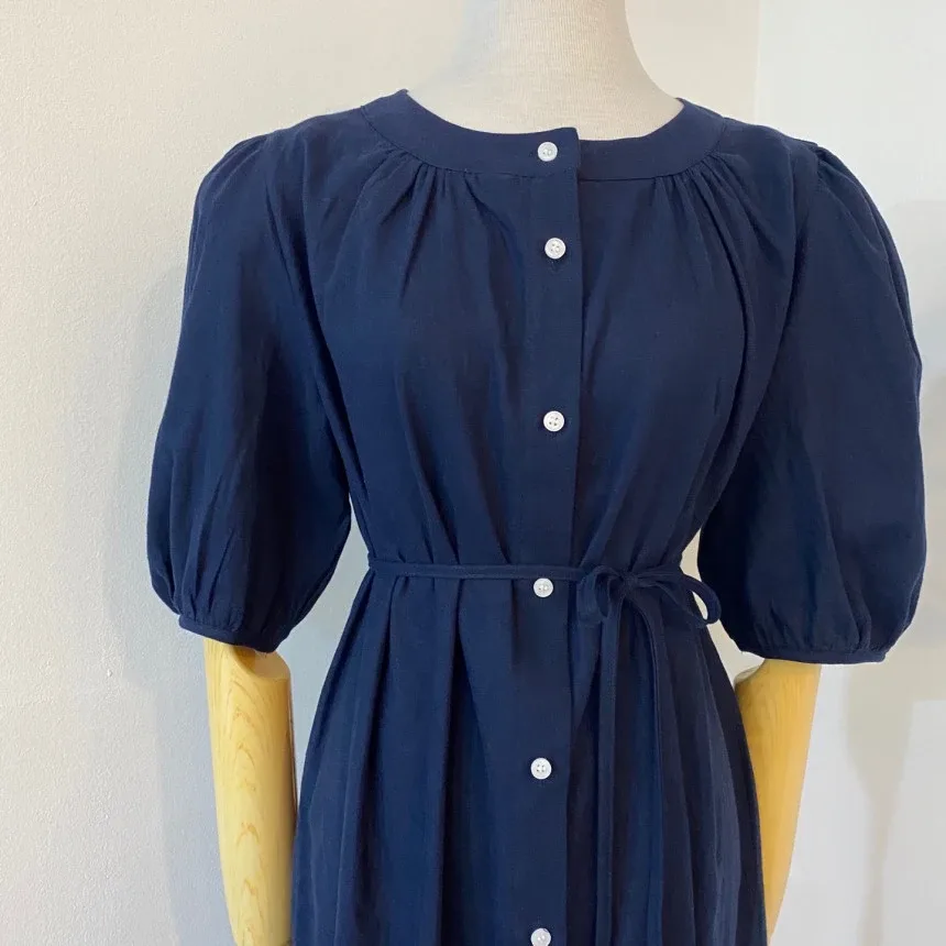 네이비 린넨 혼방 퍼프 원피스 Free