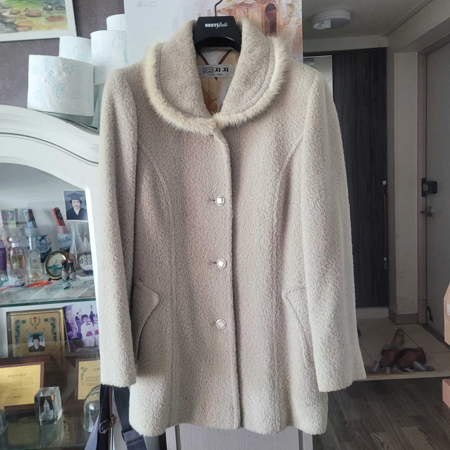 XI XI 아이보리 퍼 칼라 겨울 코트