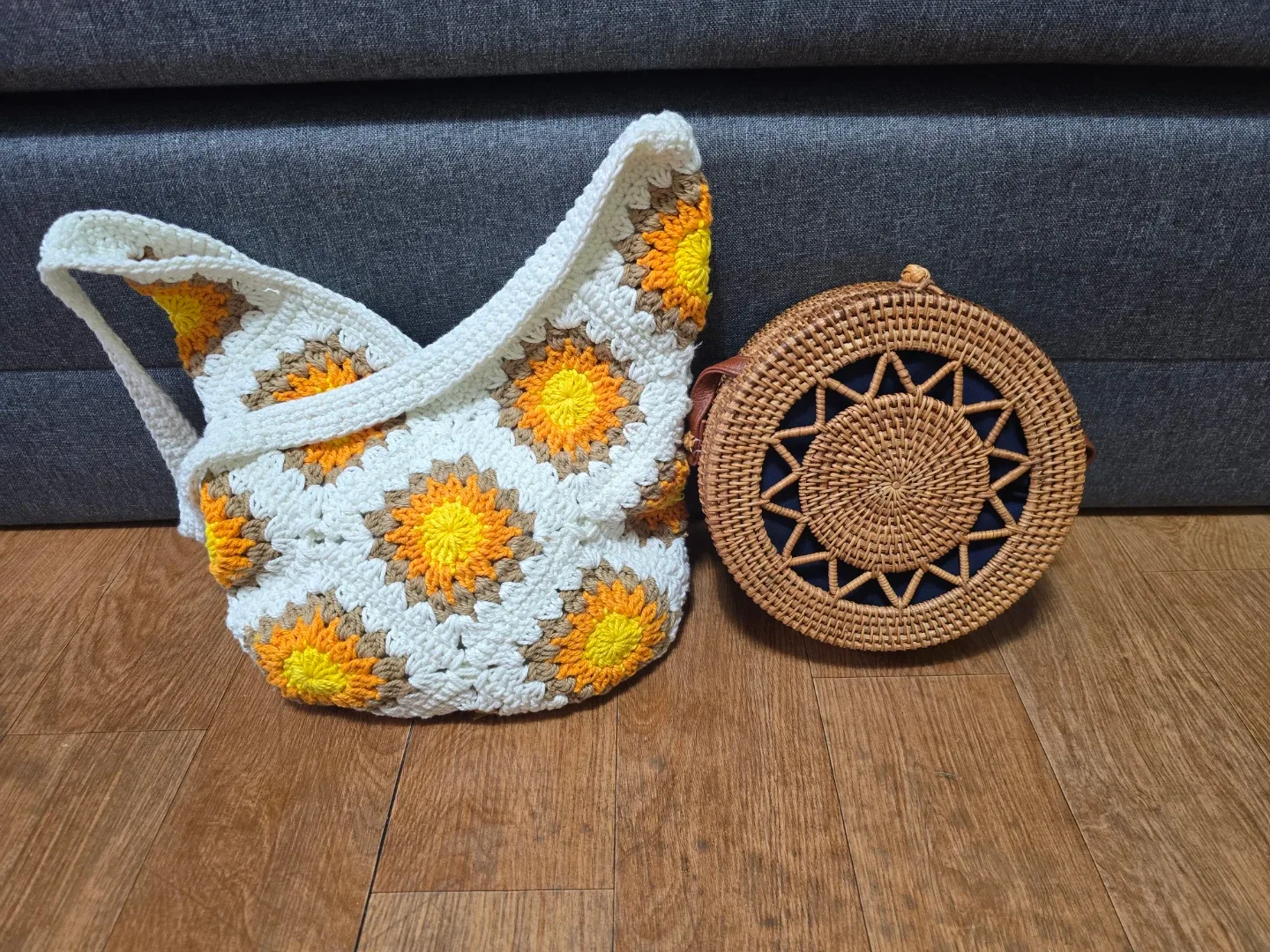 해바라기 뜨개 토트백 & 라탄 가방 일괄