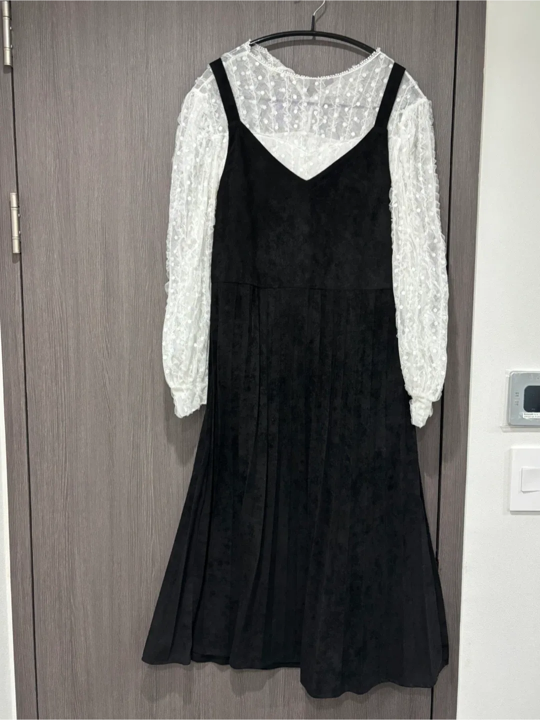 블랙 플리츠 롱 원피스 + 블라우스 세트