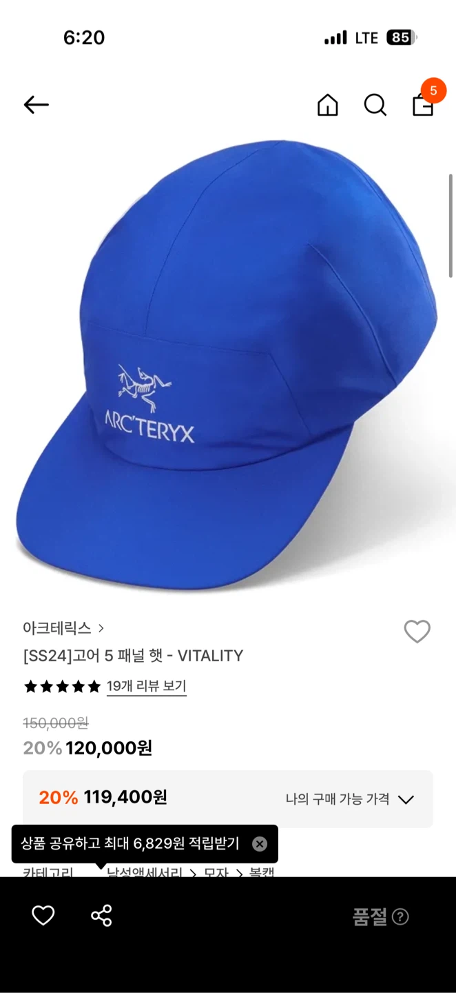 아크테릭스 고어 5 패널 캡 파란색