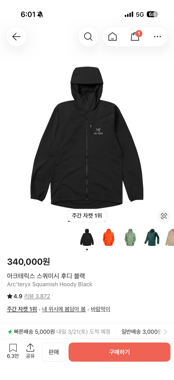 아크테릭스 스쿼미시 후디 블랙 XL