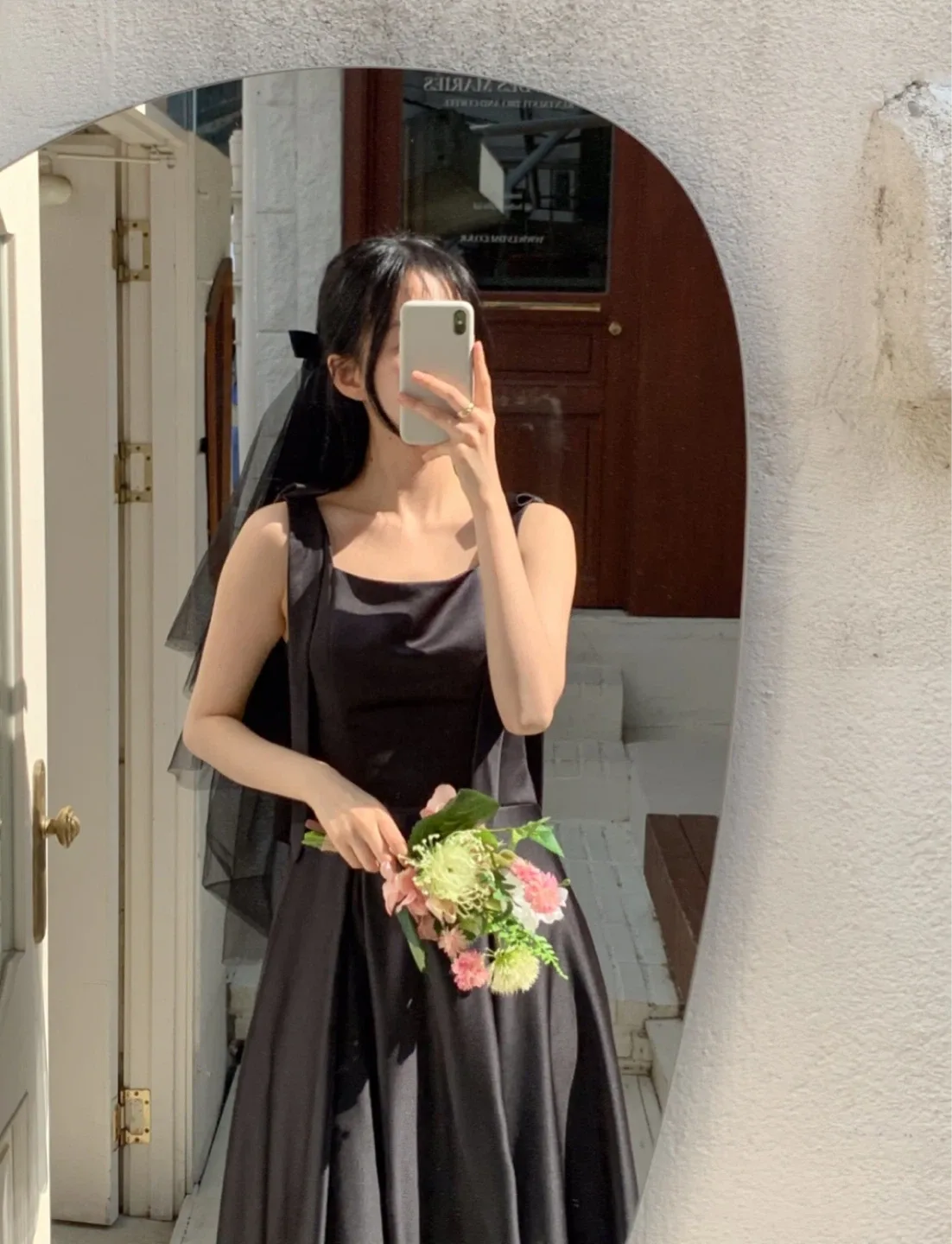 웨딩촬영 및 브라이덜샤워 용 리본 블랙 롱 드레스