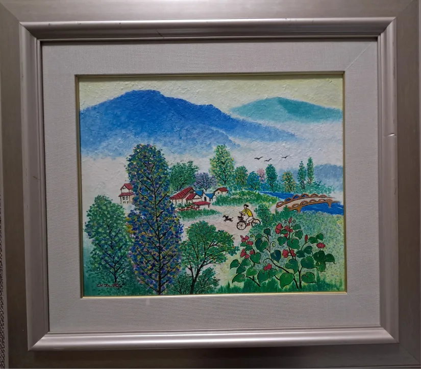 서양화가  장철희 자전거가  있는풍경 진품  보증서유