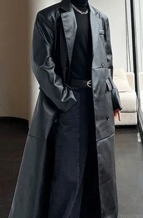 블랙 레더 롱 트렌치 코트