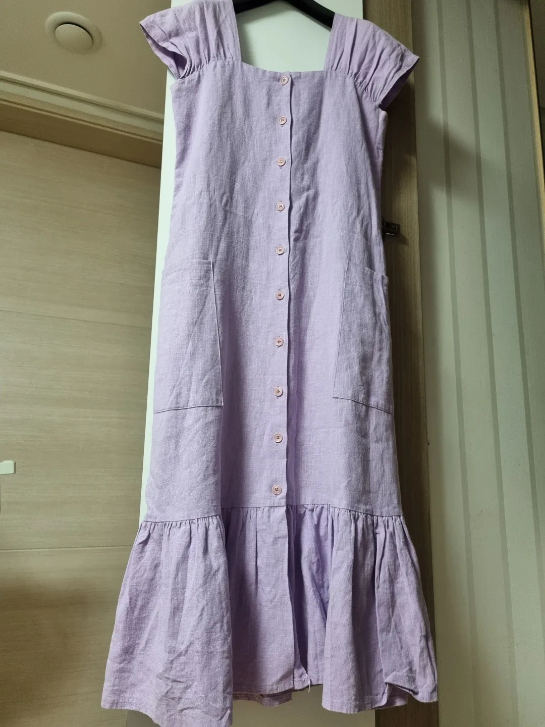퍼플 린넨 셔링 롱 원피스