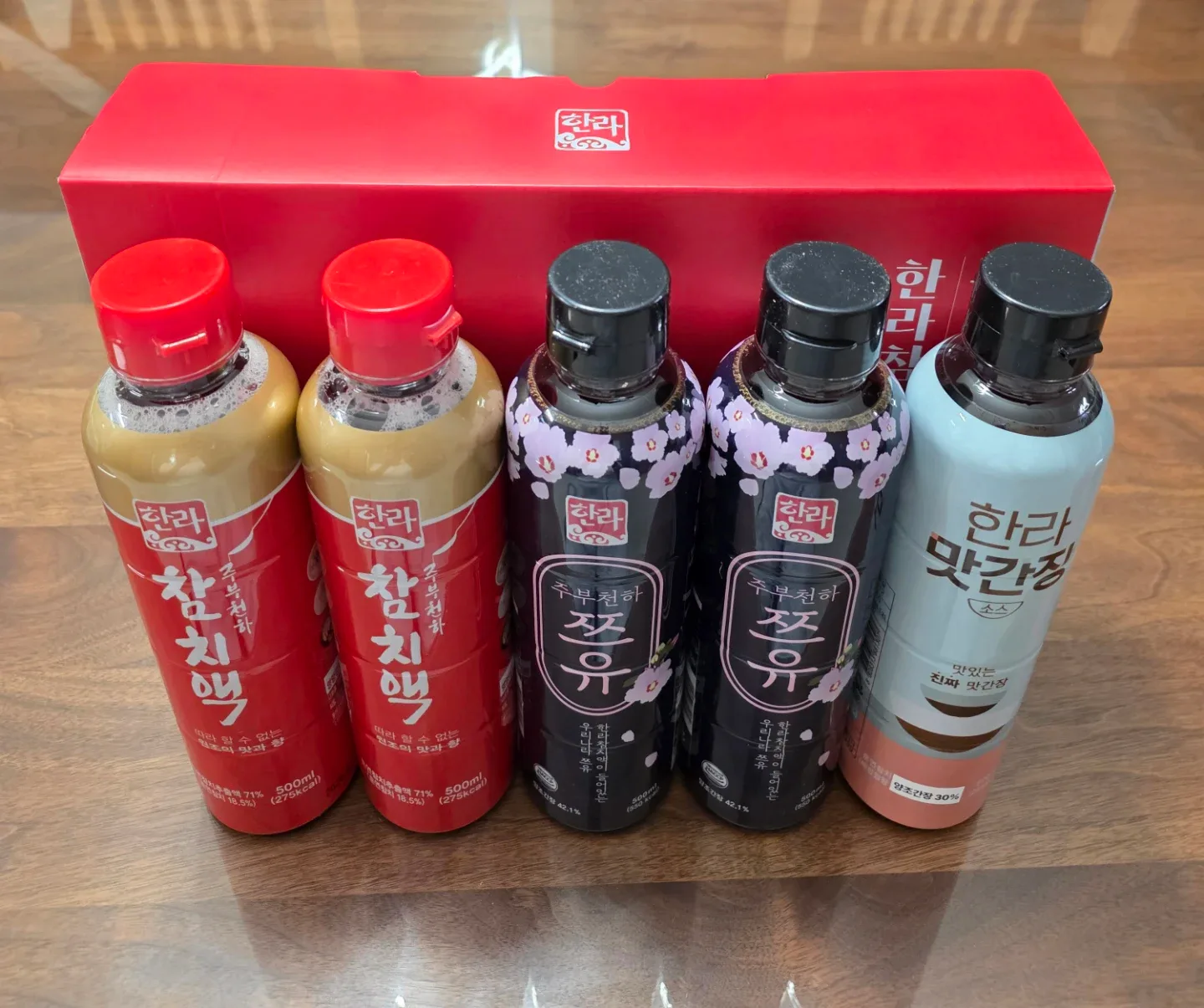 [새제품][선물세트]한라 참치액500ml x 2병+맛간장소스500ml x 1병+주부천하쯔유500ml x 2병