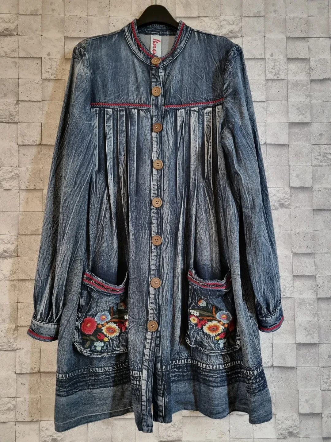 keer qiaowa 플로럴 자수 데님 롱 셔츠원피스