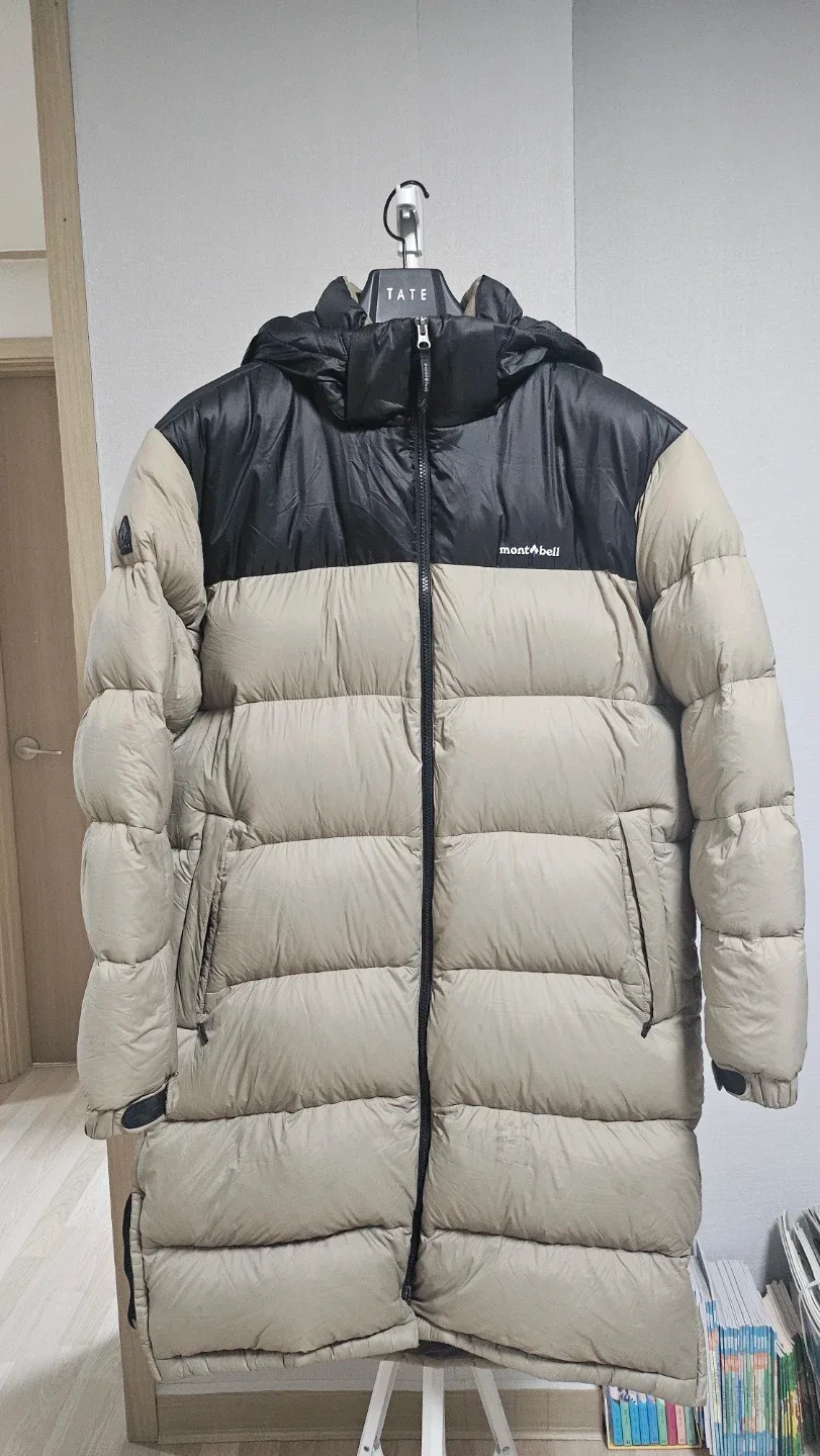 몽벨 구스 롱패딩 2xl (작게나옴) 투톤 베이지/블랙