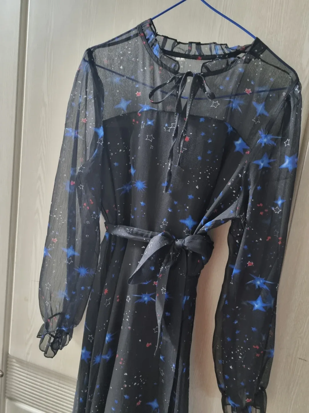 블랙 별 패턴 시스루 롱 원피스