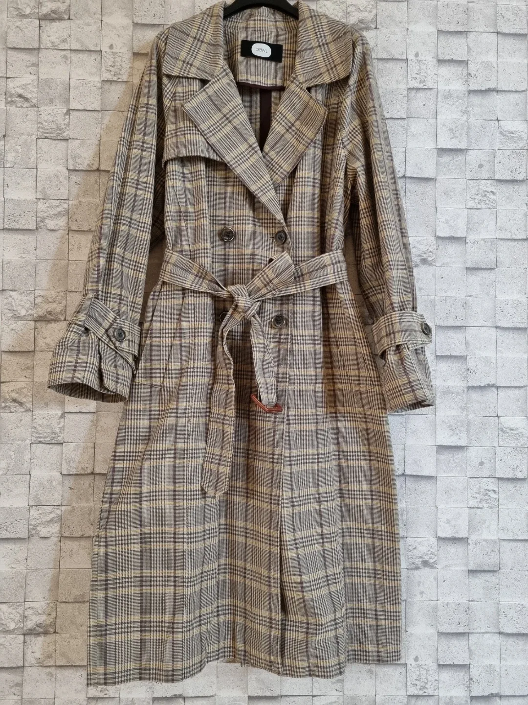 듀엘 베이지 체크 롱 트렌치더블코트