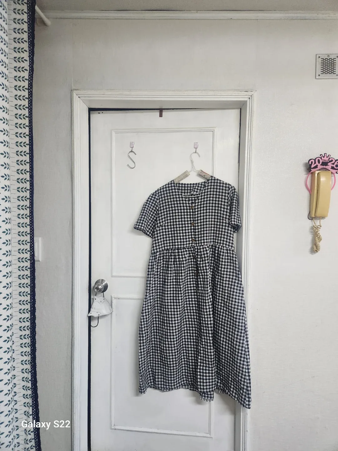 체크무늬 반팔 롱 원피스