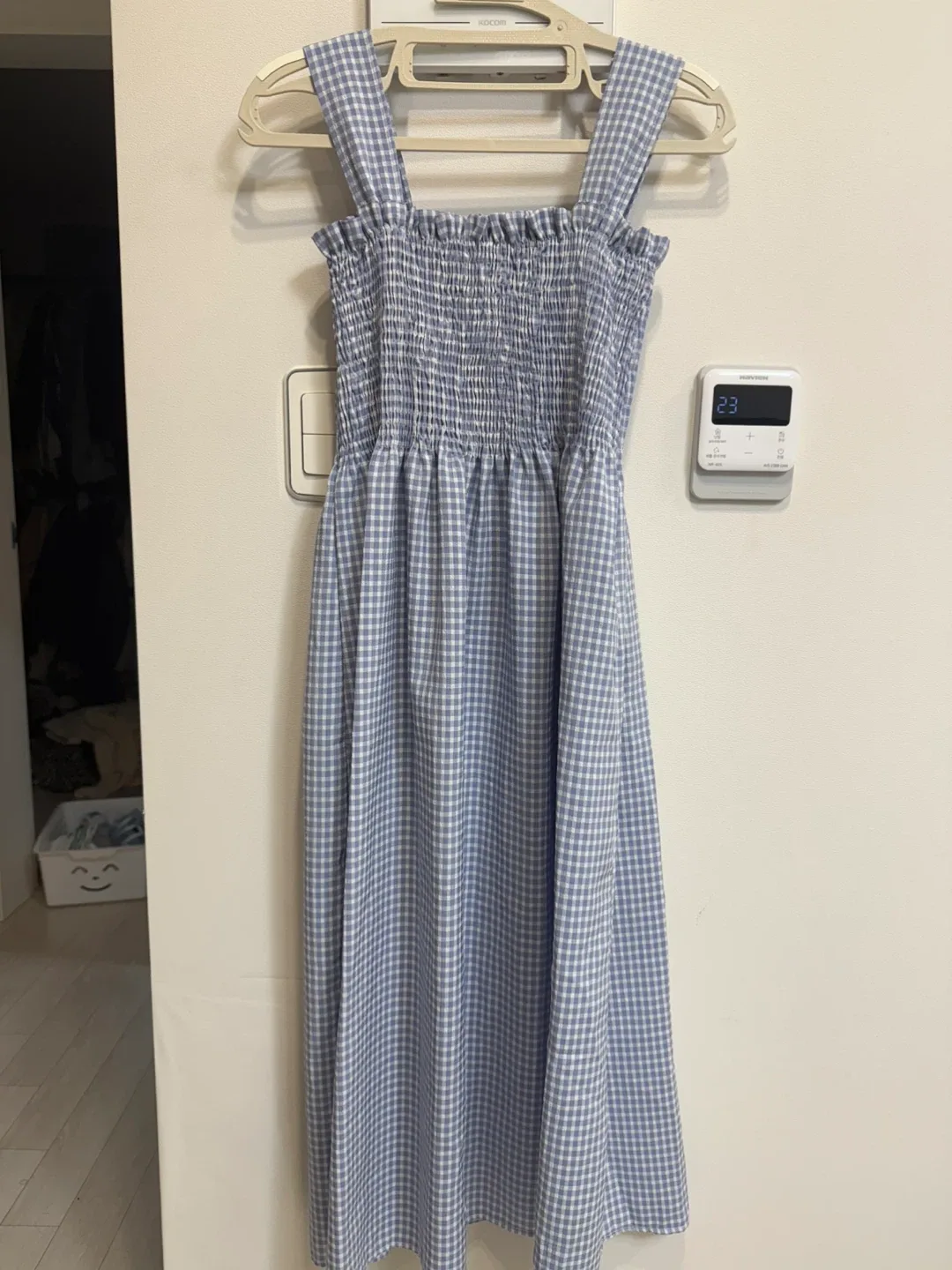 하늘색 체크 뷔스티에 원피스