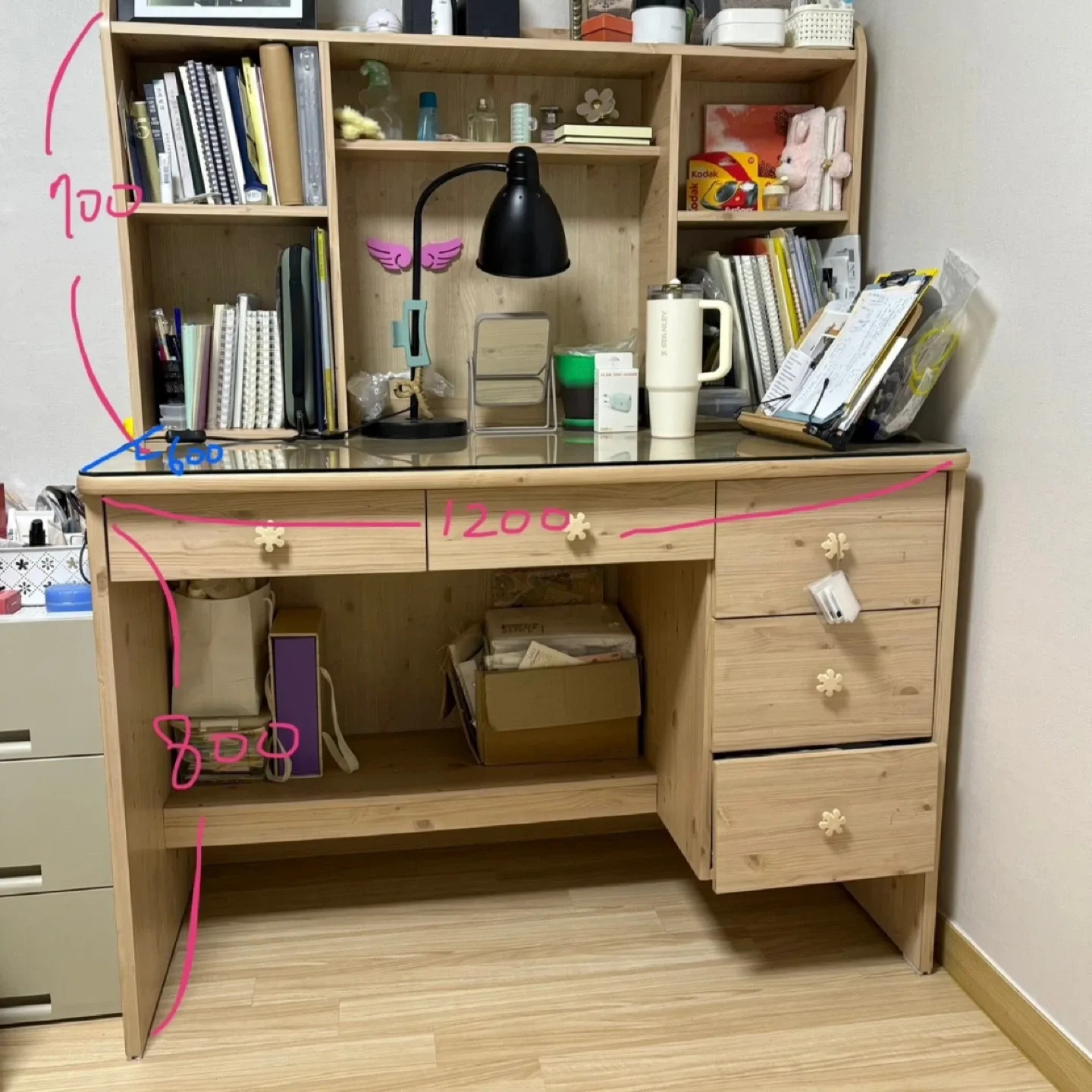 원목 책상 세트 (책꽂이 포함)