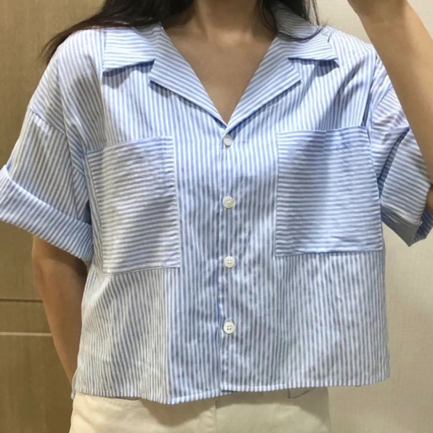 [lap 랩] 블루 스트라이프 반팔 포켓 셔츠