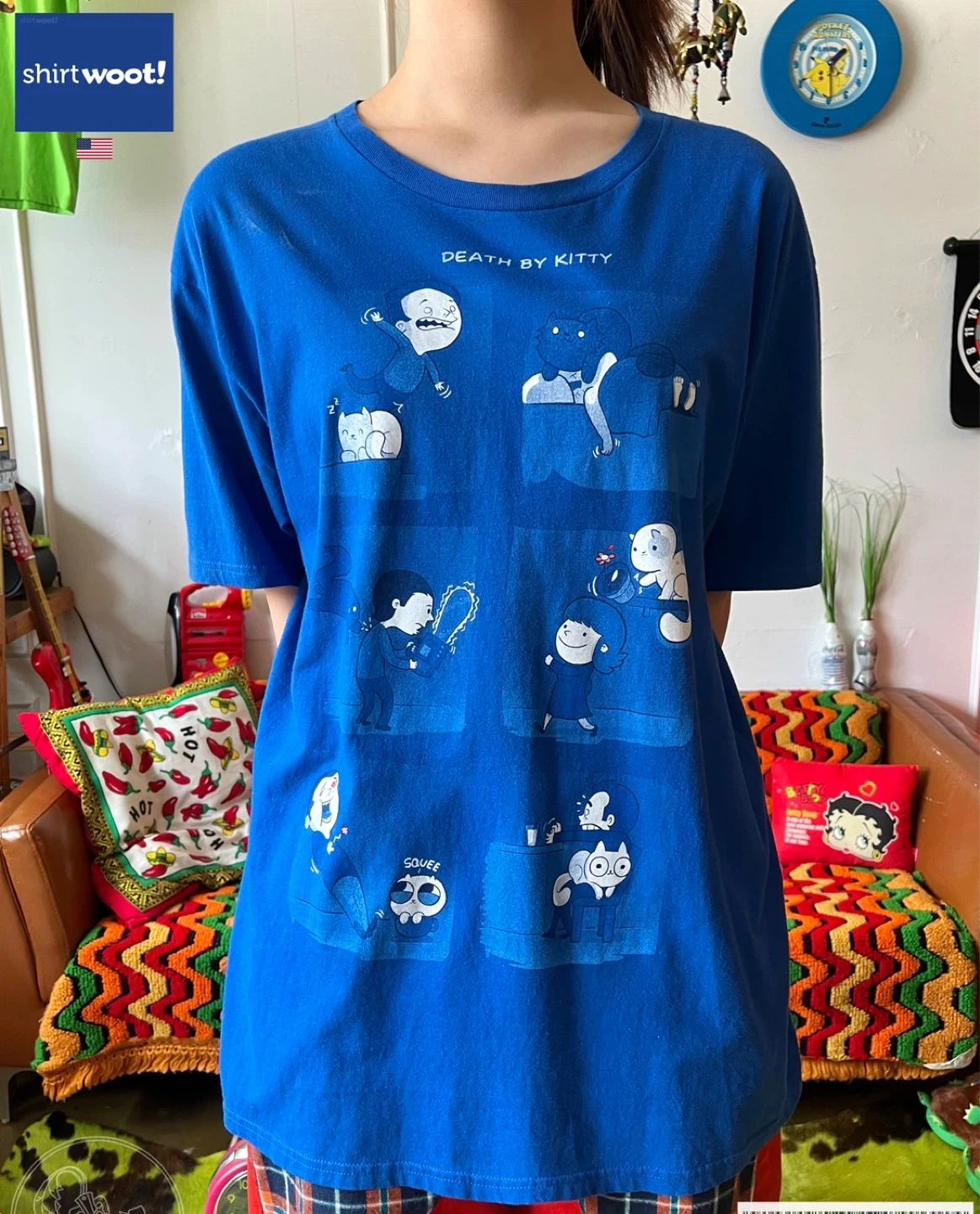 2000s Shirt.Woot! 미국 빈티지 “DEATH BY KITTY" 엽기 카툰 프린팅 반팔 티셔츠