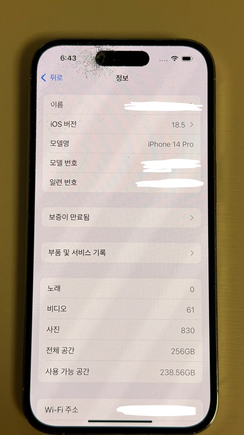 아이폰 14 프로 256GB 실버 판매합니다 (앞면 / 뒷면 파손 작동 지장 없음) (배터리 효율 70%)